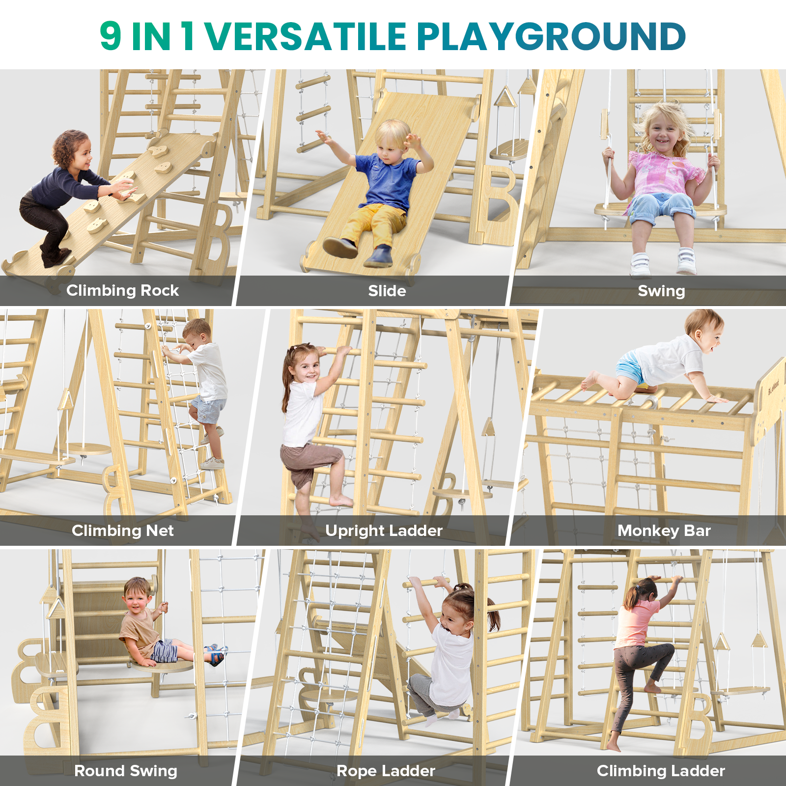 Safari Land - Juegos de columpios para gimnasios de jungla de interior BlueWood® *Tono de madera natural